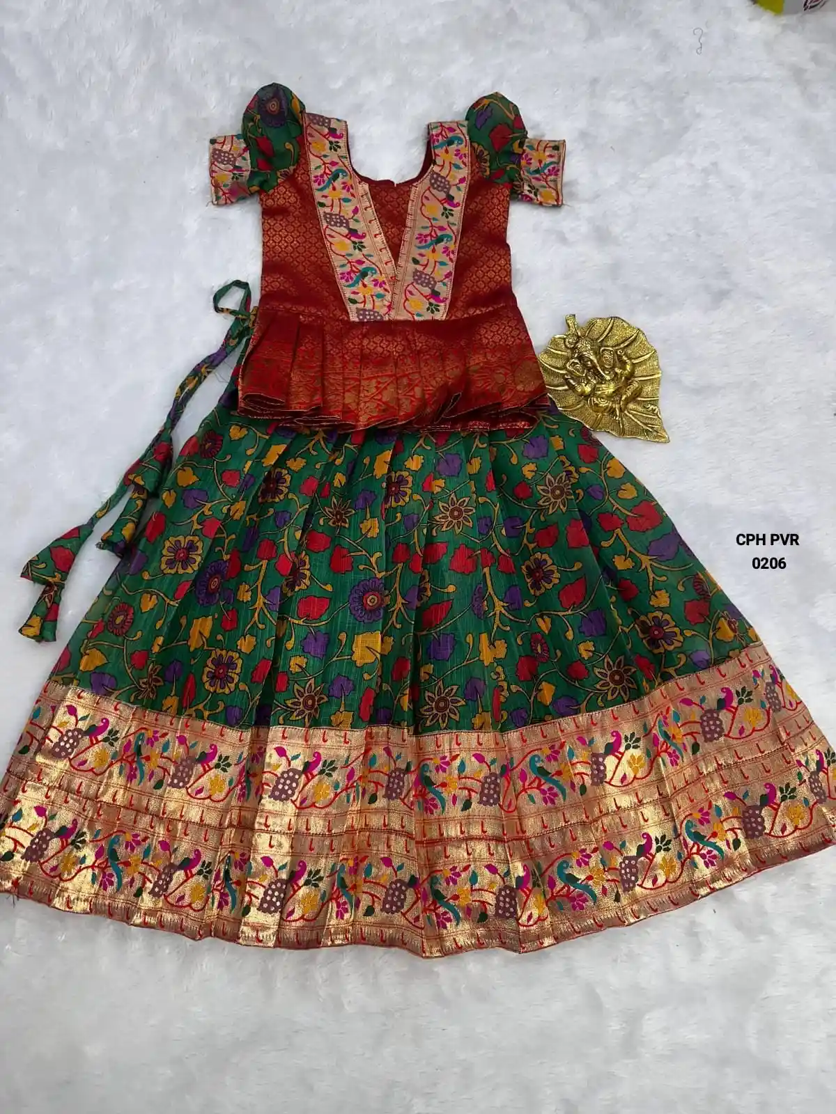Maroon and Green Kids Lichi Silk Lehenga Choli